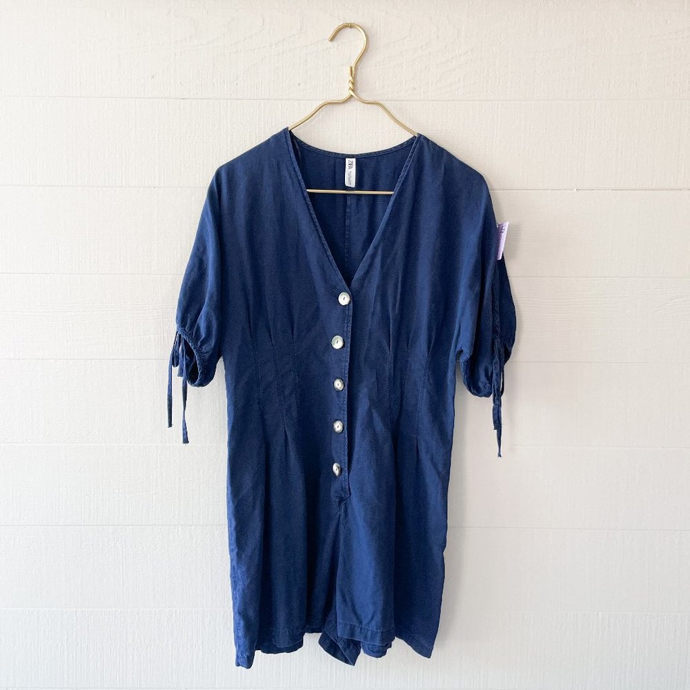 ZARA Linen Blend Blue Romper Size Large